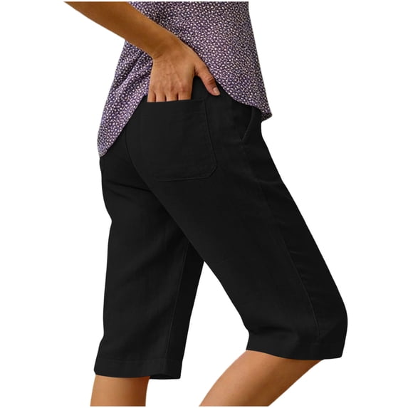 Women Summer Linen Capris Solid Color Loose Straight Leg Pants with Pocket Elastic Waist Cropped Trousers Black S
