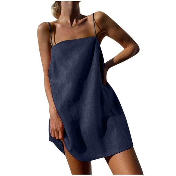 Women Summer Linen Cotton Mini Dresses Spaghetti Strap Shift Loose Lightweight Casual Comfort Short Dress
