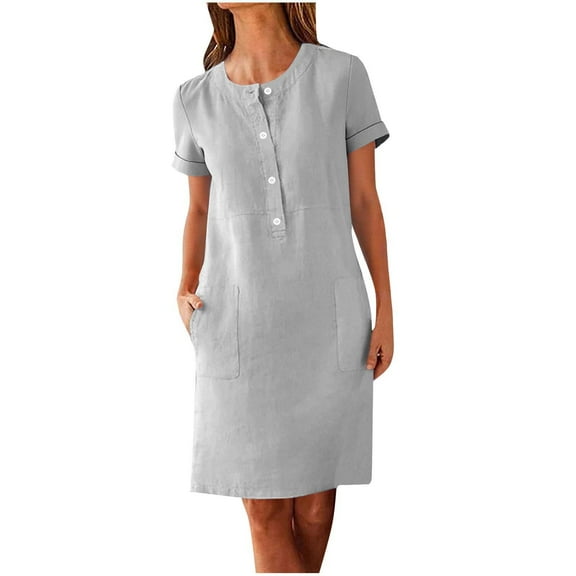Women Summer Linen Dress Short Sleeve Button Down V-Neck Shirt Dresses Casual Loose Knee Length Dress with Pockets
