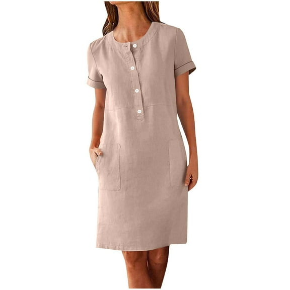 Women Summer Linen Dress Short Sleeve Button Down V-Neck Shirt Dresses Casual Loose Knee Length Dress with Pockets