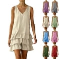 thumbnail image 1 of Women Summer Linen Dress Sleeveless Strap Solid Solor Short Dress V Neck Knee Length Beach Casual Dress Army Green XL, 1 of 7