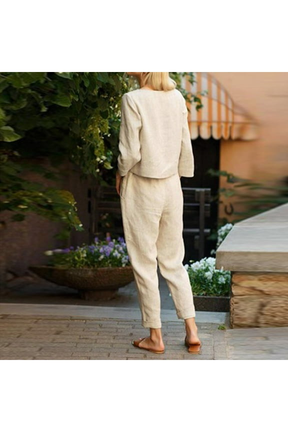 Women Summer Linen Outfits Cotton Long Sleeve Shirt Wide Leg Capris Pants Two Pieces Loungewear Sweatsuit Tracksuit