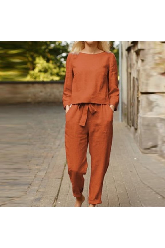 Women Summer Linen Outfits Cotton Long Sleeve Shirt Wide Leg Capris Pants Two Pieces Loungewear Sweatsuit Tracksuit