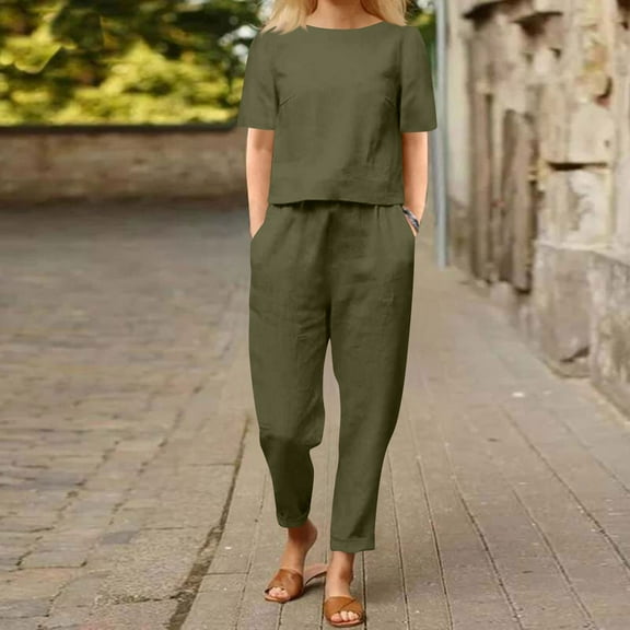 Women Summer Linen Outfits Cotton Short Sleeve Shirt Wide Leg Capris Pants Two Pieces Loungewear Sweatsuit Tracksuit