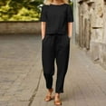 thumbnail image 1 of Women Summer Linen Outfits Cotton Short Sleeve Shirt Wide Leg Capris Pants Two Pieces Loungewear Sweatsuit Tracksuit, 1 of 4