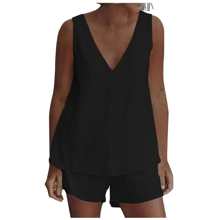 Black Linen Sleepwear Tank Top with Matching Shorts