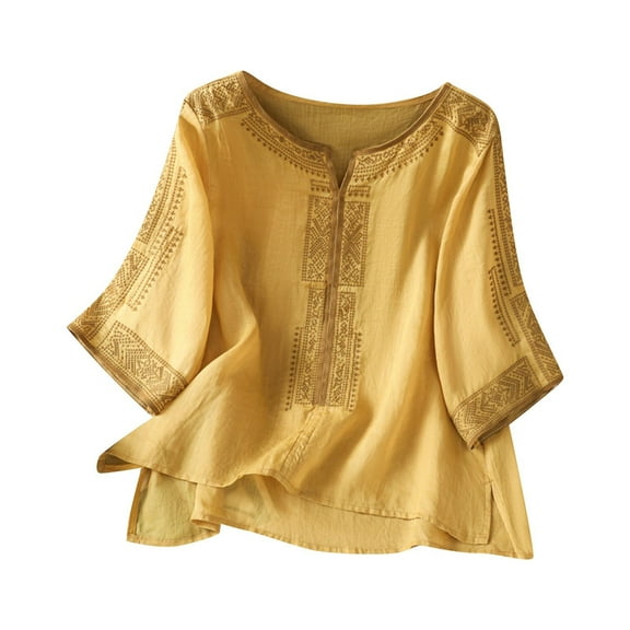 Women Summer Linen Shirt Flowy Embroidered Cotton Peasant Tops 2025 Casual 3/4 Sleeve Boho Tunic Dressy Blouses