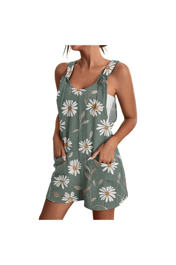 Women Summer Linen Shorts Overalls Rompers Cute Daisy Adjustable Strap Sleeveless Bib Shorts Jumpsuit with Pockets