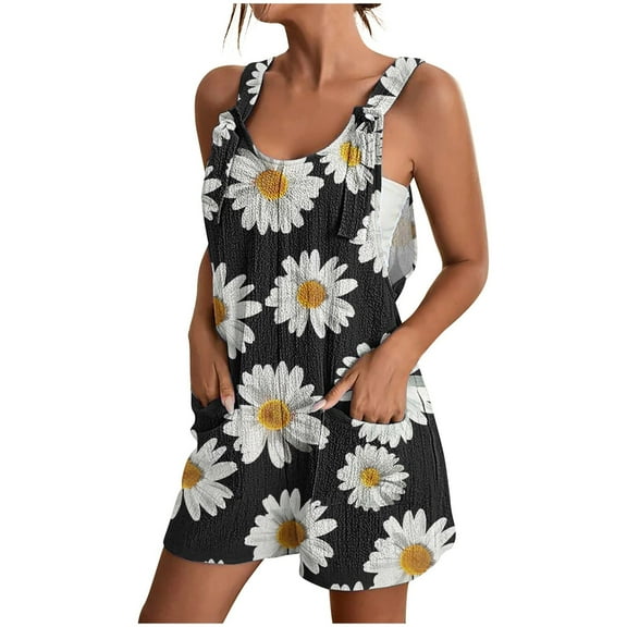 Women Summer Linen Shorts Overalls Rompers Cute Daisy Adjustable Strap Sleeveless Bib Shorts Jumpsuit with Pockets