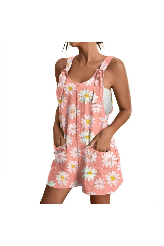 Women Summer Linen Shorts Overalls Rompers Cute Daisy Adjustable Strap Sleeveless Bib Shorts Jumpsuit with Pockets