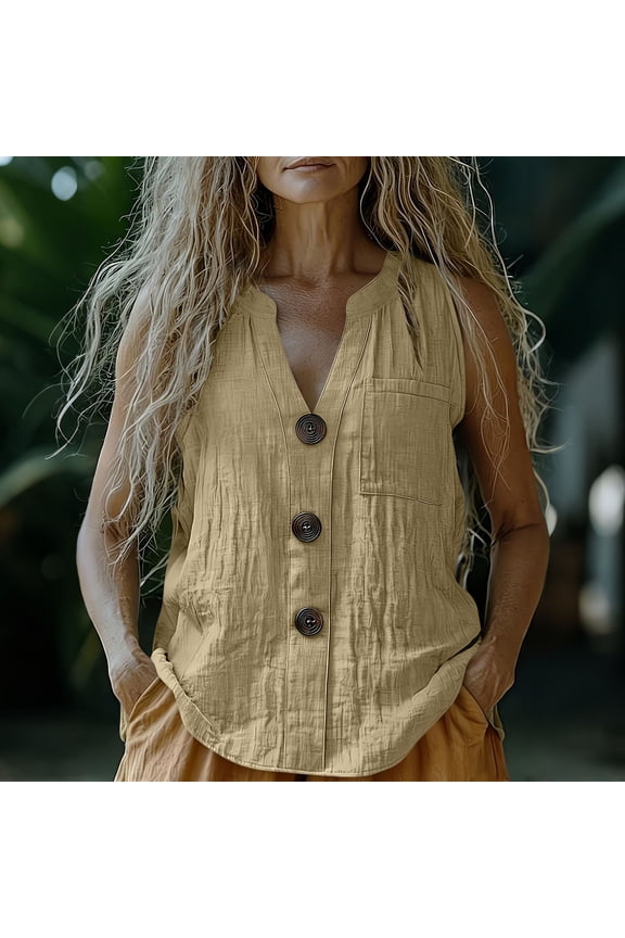 Women Summer Linen Tank Tops Loose V Neck Button Causal Breathable Boho Sleeveless Blouse Shirt Beige S