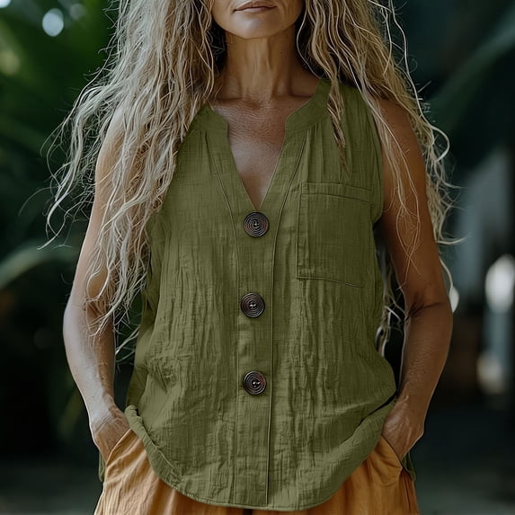 Women Summer Linen Tank Tops Loose V Neck Button Causal Breathable Boho Sleeveless Blouse Shirt Green XL