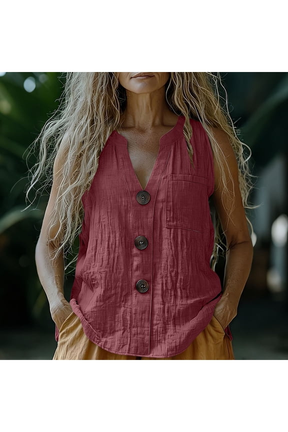 Women Summer Linen Tank Tops Loose V Neck Button Causal Breathable Boho Sleeveless Blouse Shirt Wine S