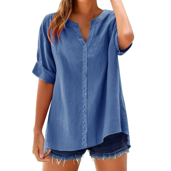 Women Summer Linen Work Tops Trendy Button Down Plus Size V Neck Boho Clothes Spring Tops for Women