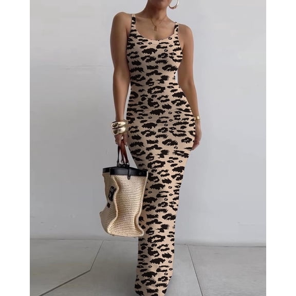 Women Summer Long Dress Casual Slip Sexy Slim Sleeveless Bodycon Maxi Dresses for Women Leopard L