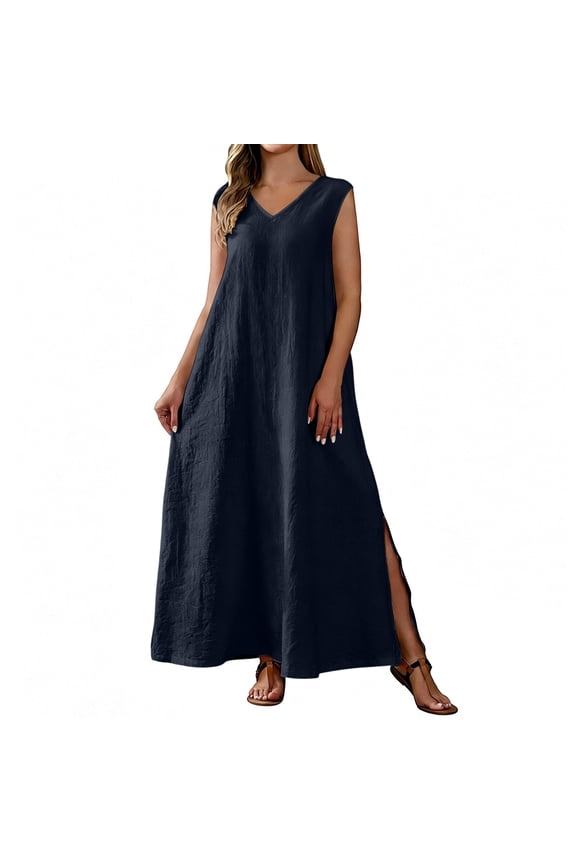 Women Summer Long Dress Cotton Linen Sleeveless Boho Maxi Dresses Flowy A Line Beach Tank Dress Side Slit Loose Gauze Dresses