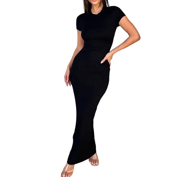 Women Summer Long Dress Short Sleeve Slim Round Neck Bodycon Maxi Dresses for Women Black S