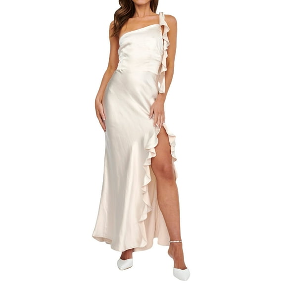 Women Summer Long Evening Dress Sleeveless Backless One Shoulder High Split Ruffle Party Dress