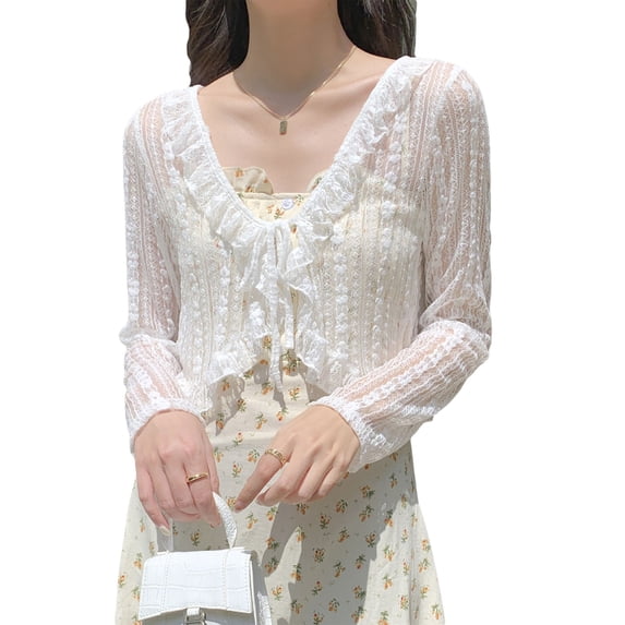 Women Summer Long Sleeve Lace Shrug Tie Knot Front Striped Mesh Cropped Cardigan Beachwear Ruffle Trim Solid Color Sheer Cover Up for Jacket