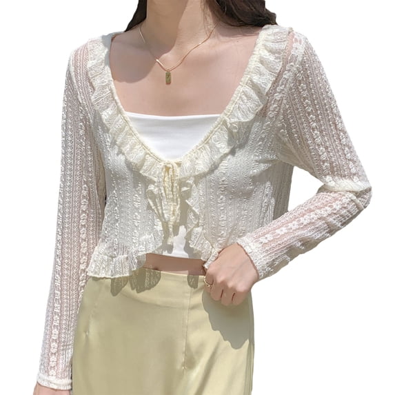 Women Summer Long Sleeve Lace Shrug Tie Knot Front Striped Mesh Cropped Cardigan Beachwear Ruffle Trim Solid Color Sheer Cover Up for Jacket