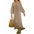 thumbnail image 1 of Women Summer Long Sleeve Neck Maxi Linen Shirt Dress Loose Button Down Tunic Shift Dress Khaki XXXL, 1 of 6