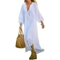 thumbnail image 1 of Women Summer Long Sleeve Neck Maxi Linen Shirt Dress Loose Button Down Tunic Shift Dress White S, 1 of 6