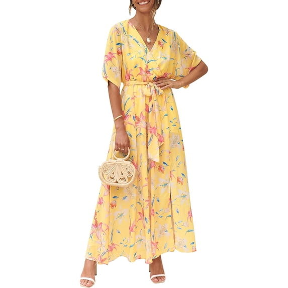 Women Summer Loose Boho Wrap V Neck Short Sleeve Floral Long Flowy Maxi Beach Wedding Guest Spring Dresses 2024