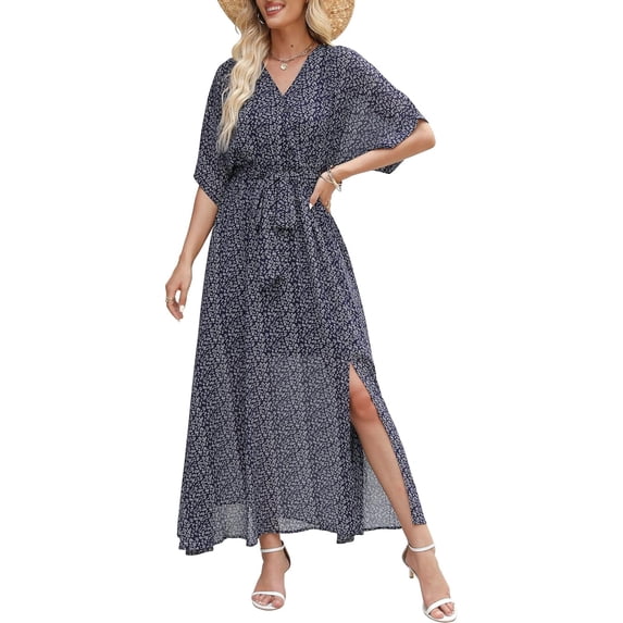 Women Summer Loose Boho Wrap V Neck Short Sleeve Floral Long Flowy Maxi Beach Wedding Guest Spring Dresses 2024