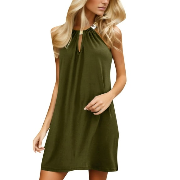 Women Summer Loose Dress Sleeveless Floral Print V Neck Hollow Out Sundress Casual Beach Dress Mini Dress Length Dress Linen Dress Olive Summer Dress Tunic Swing Dresses for Women Button Dress