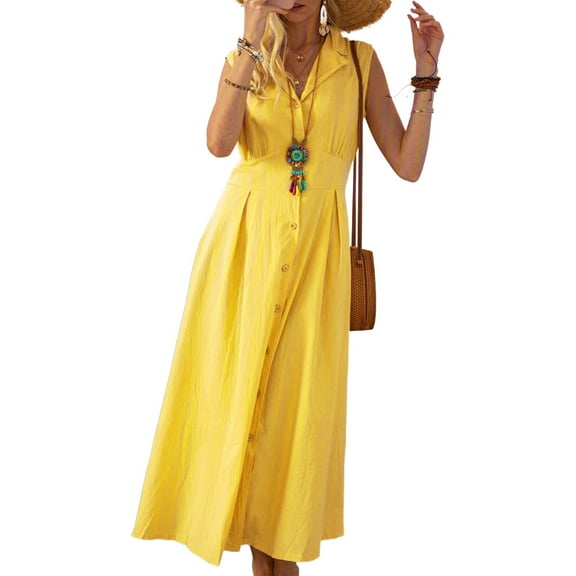 Women Summer Loose Fit Elegant Long Dress, Sleeveless Button Down Casual Retro Aline Dress
