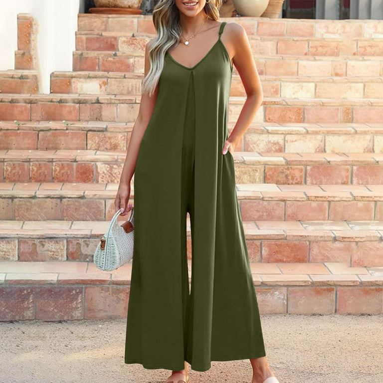 Women Summer Loose Jumpsuit Casual Spaghetti Strap Low Back Long Romper with Pocket Comfy Ruched Front Wide Leg Outfits Army Green M