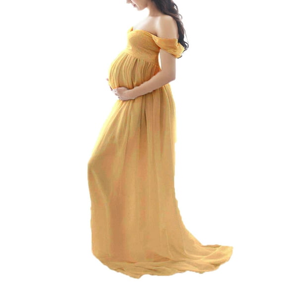 Women Summer Loose Pregnant Dress Solid Color Off-Shoulder Chiffon Gown Maternity Front Split Long Dresses for Photoshoot