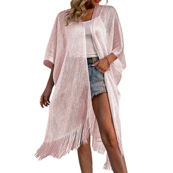 Women Summer Loose Shawl Cardigan Solid Color V-neck Half Sleeve Blouse Tassels Hem Mid-length Beach Bikini Cover-Up