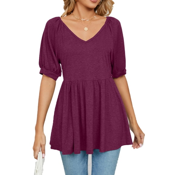 Women Summer Loose Top Mid Length Puff Sleeve V Neck Ruffle Hem Blouse for Female Wine Red M