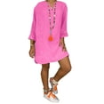 thumbnail image 1 of Women Summer Loose V Neck Cotton Linen T-Shirt Casual Oversized Top Blouse Dress Plus Size S-5XL, 1 of 2
