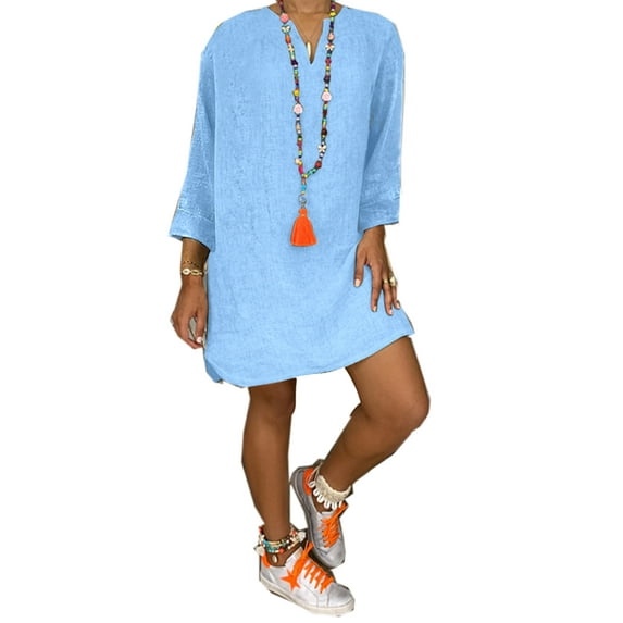 Women Summer Loose V Neck Cotton Linen T-Shirt Casual Oversized Top Blouse Dress Plus Size S-5XL