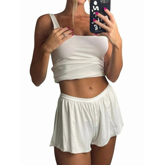 Women Summer Lounge Set Ribbed Knit Crop Tank Tops and Short Sets with Pocket Vacation Outfits White L