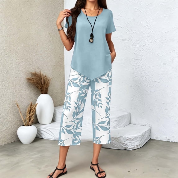Women Summer Lounge Sets 2 Piece Sets Printed Capris Top Wide Leg Crop Pants Travel Beach Casual Vacation Clothes(Sky Blue,M)