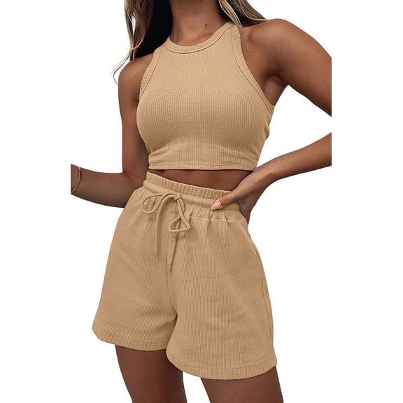 Women Summer Lounge Sets Casual Waffle Knit Crop Top Shorts Outfits 2 Piece Sets Sleepwear Khaki S
