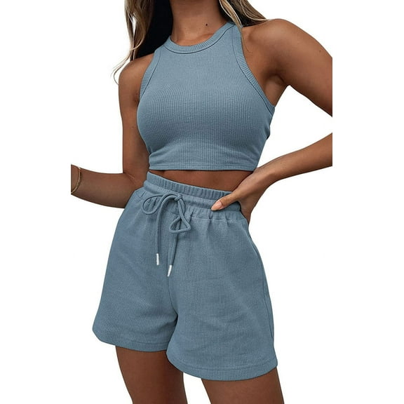 Women Summer Lounge Sets Casual Waffle Knit Crop Top Shorts Outfits 2 Piece Sets Sleepwear Light Blue S