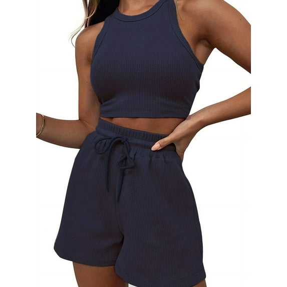 Women Summer Lounge Sets Casual Waffle Knit Crop Top Shorts Outfits 2 Piece Sets Sleepwear Navy Blue S