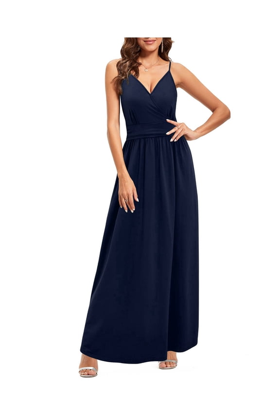 Women Summer Maxi Dress Vacation Floral Spaghetti Strap Spring Casual Boho Split Beach Long Flowy Sundress Navy Blue S