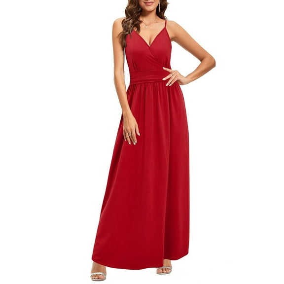 Women Summer Maxi Dress Vacation Floral Spaghetti Strap Spring Casual Boho Split Beach Long Flowy Sundress Red M