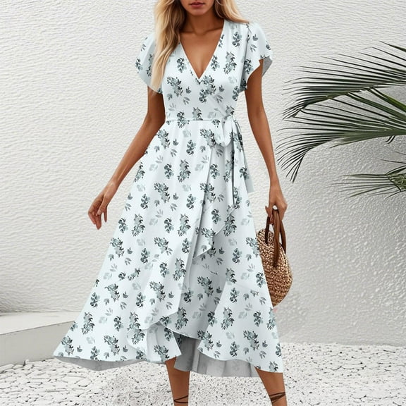 Women Casual Dresses Printing Dress Sexy V-Neck Short Sleeved Dresses Bandage Comfortable Dresses