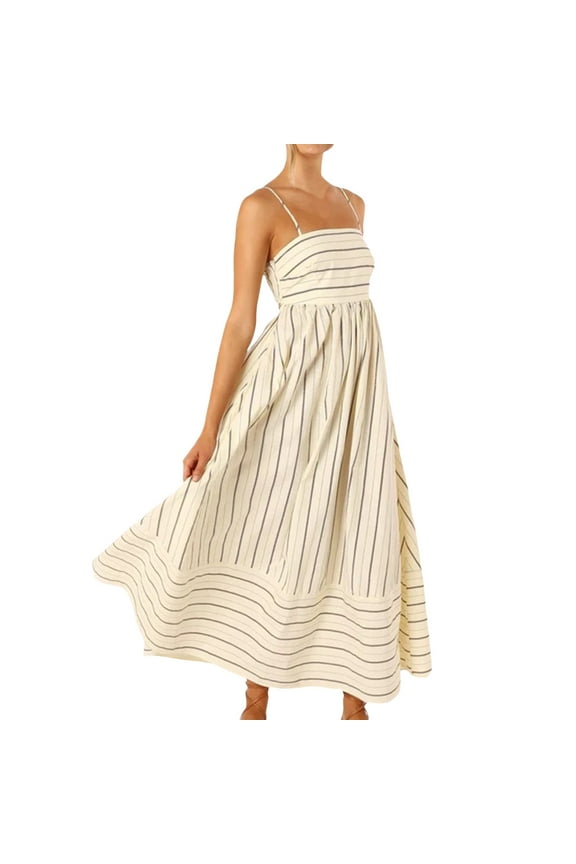 Women Summer Maxi Spaghetti Strap Back Smocked Striped Flowy Swing Cutout Beach Vacation Long Dress