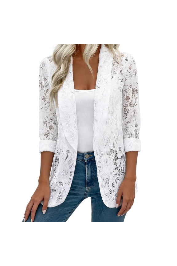 Women Summer Mesh Lace Blazer Casual Loose Open Front Long Sleeve Cardigan Beach Comfy Soft Sheer Through Solid Color Tops
