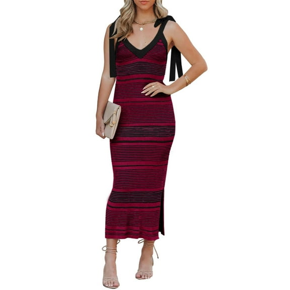Women Summer Midi Bodycon Sweater Dress Sexy V Neck Tie Shoulder Striped Knit Side Slit Sleeveless Tank Dress