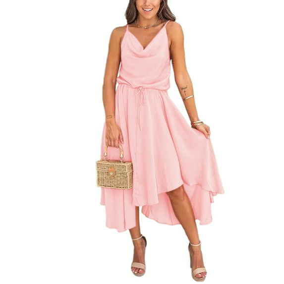 Women Summer Midi Dress Cowl Neck Spaghetti Strap Adjustabel Waistline Knee Length Skirts Irregular Hem A Line Flowy Sundress
