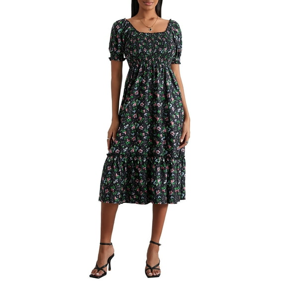 Women Summer Midi Dress Floral Print Square Neck Short Puff Sleeve A-line Dress