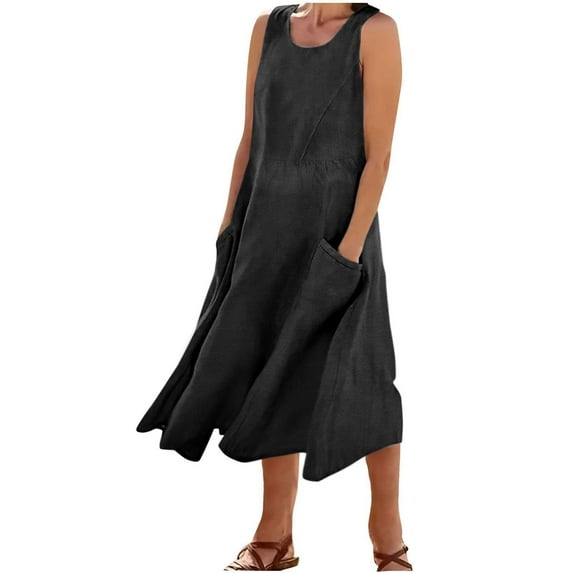 Women Summer Midi Dresses Casual Plus Size Round Neck Sleeveless Tank Dress Loose Plain Beach Midi Dress Going Out Dresses 2024 Ladies Summer Dresses Holiday Vacation
